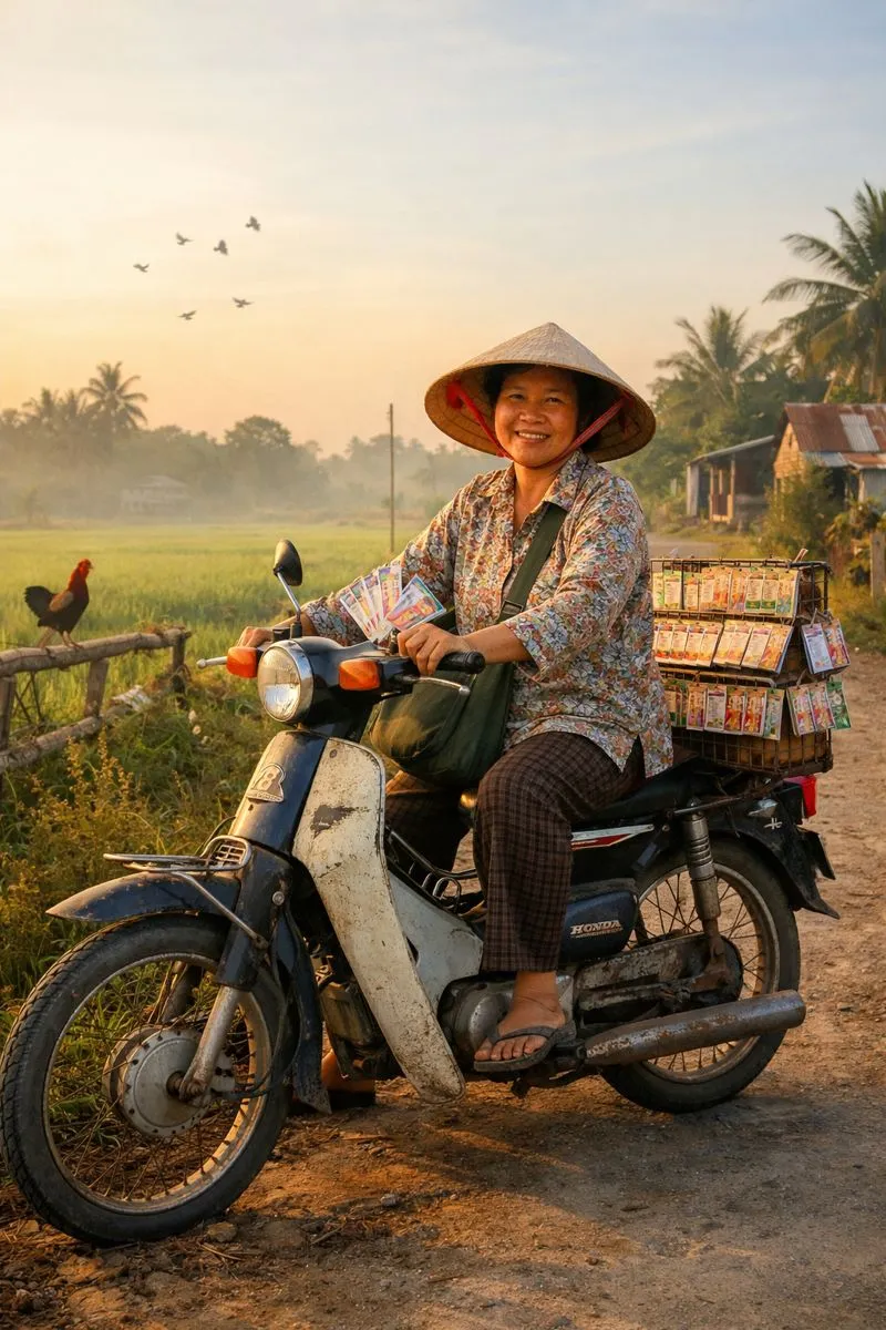 Chị Tám bán vé số và hành trình mỗi sáng trên con đường quê yên bình